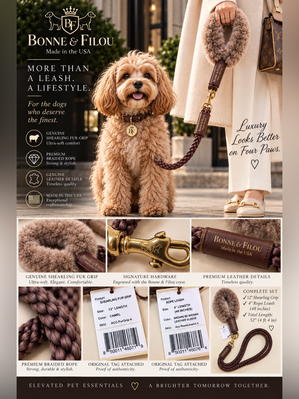 Camel Shearling Fur Dog Leash with Braided Rope